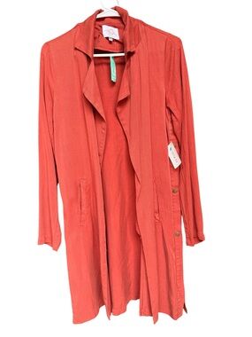 Boutique Rust Collar Side Button Pockets Open-Front Tencel Trench Coat